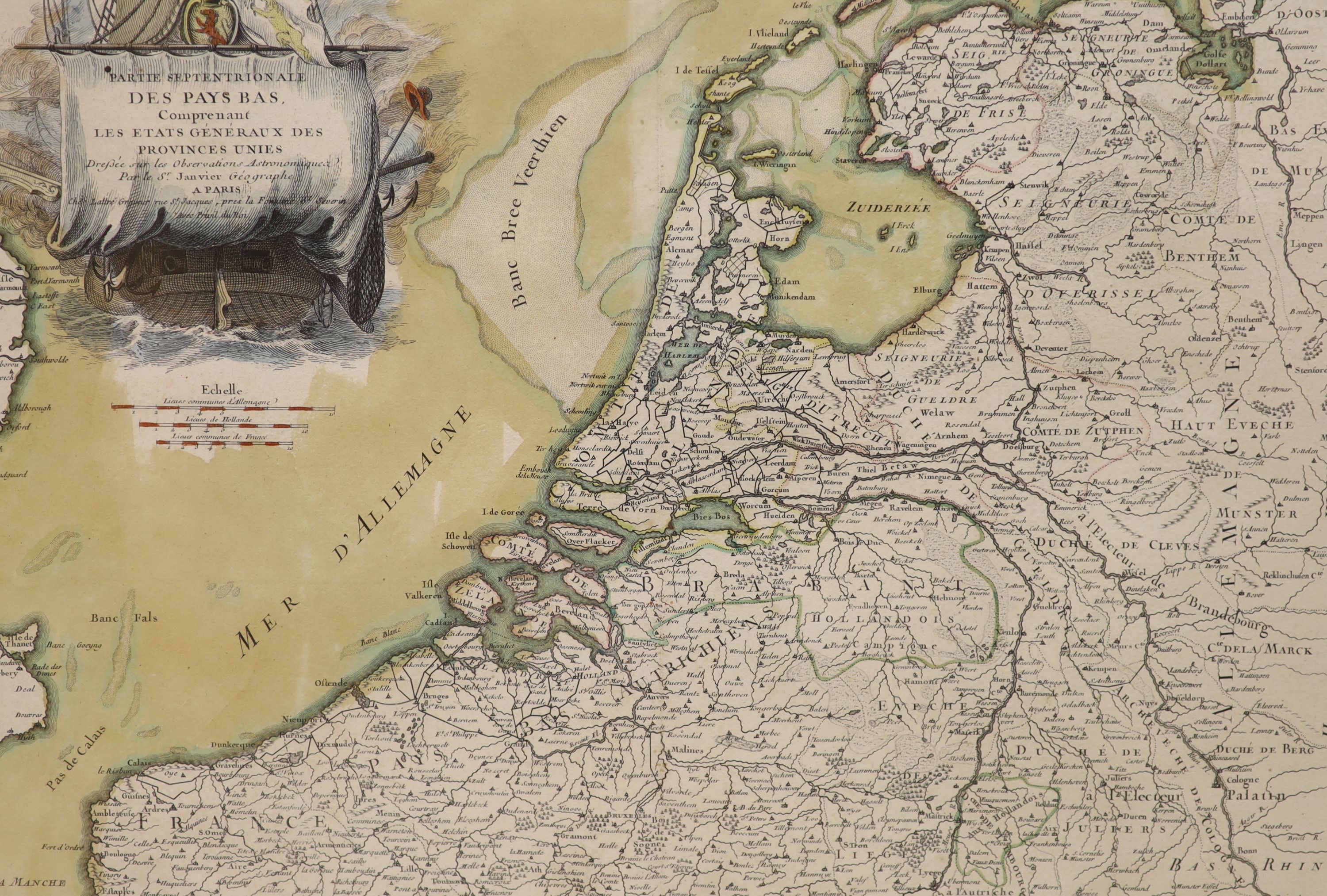 18th century French School, coloured engraving, Map and description of Peru, 53 x 43cm and a later steel engraving of the Low Countries